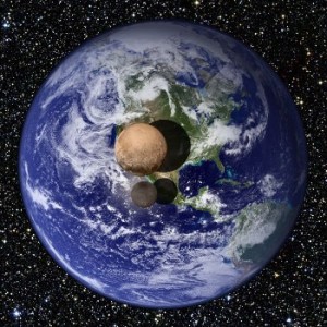 Pluto and Charon's relative sizes to Earth. Public domain (NASA).