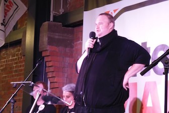 Kim Dotcom at a political rally. Photo taken at a rally held by the Internet Mana Party on 4 August 2014. CC 3.0.