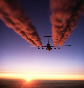 "A C-141 Starlifter Leaves Contrails over Antarctica" by U.S. Air Force. Public domain.