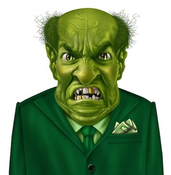 Green patent troll character with a suit and dollar sign on his forehead representing the concept of greed.