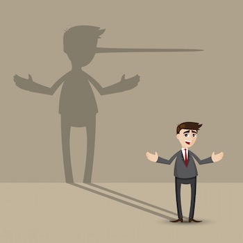 Illustration of cartoon businessman with long nose shadow on wall in lying concept