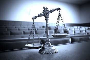 symbol of law and justice in the empty courtroom, law and justice concept, blue tone
