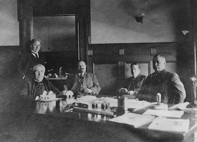 Circa 1908. Arther Williams, Thomas Edison, John Lieb, Nicholas Brady and Thomas Murray in Mr. Murray's office.