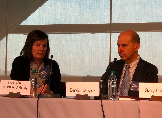 Judge Kathleen O'Malley (CAFC) and David Kappos, at the Newseum, April 10, 2018. Panel discussion "The Great Patent Debate Continues", with Chief Judge Paul Michel (ret.), Gary Lauder, Jamie Simpson. 