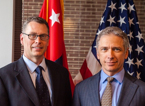 USPTO Director Andrei Iancu (right) and OED Director Will Covey (left), in the Director's Office, August 27, 2018.